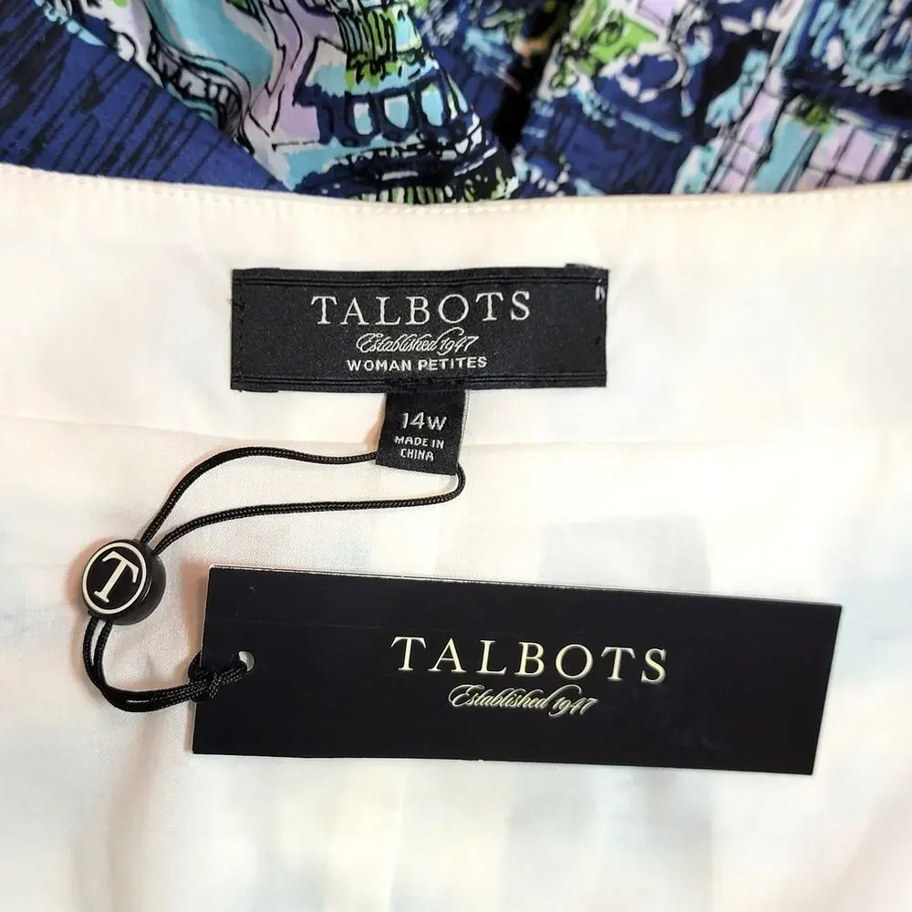 Talbots NWT Pleated Italian Landscape Print Cotton Skirt Blue White 14WP Coastal